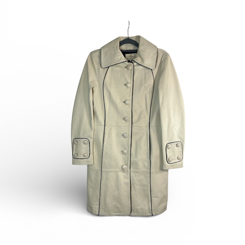 Vintage Cream Genuine Leather Trench Coat Women’s M 70s 80s Retro Mod Piped Trim